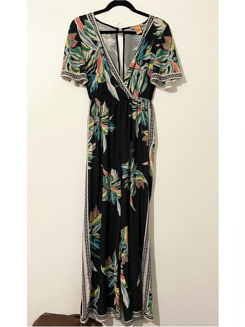 Flying Tomato Black Tropical Flower Print Jumpsuit Wide Leg Size Small